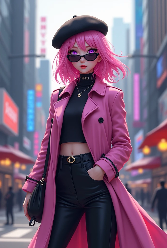 4k, realistic, high detailed, super eyes detailed, fashion clothes, pink trenchcoat, french beret, black pants with belt, long hair, in the city, pink hair, purple eyes, yae miko, wearing trendy sunglasses,