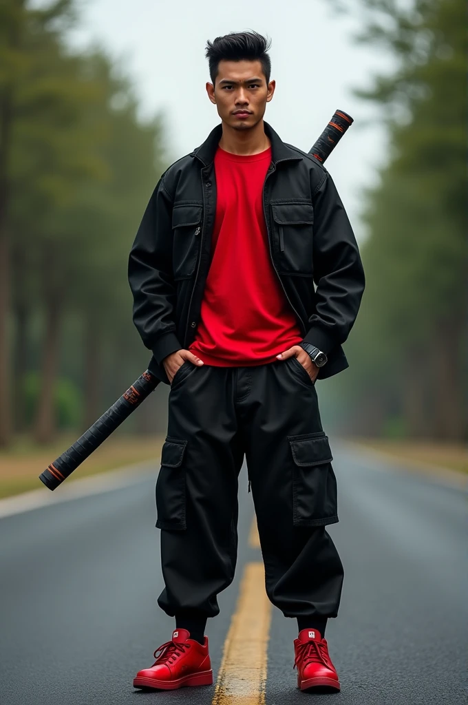 ((best quality)), ((masterpiece)), (detailed), perfect face A handsome Indonesian man, wearing a red shirt, black jacket, red shoes, ideal muscular body,Carrying a samurai, standing tall on the pitch black asphalt,Realistic hd