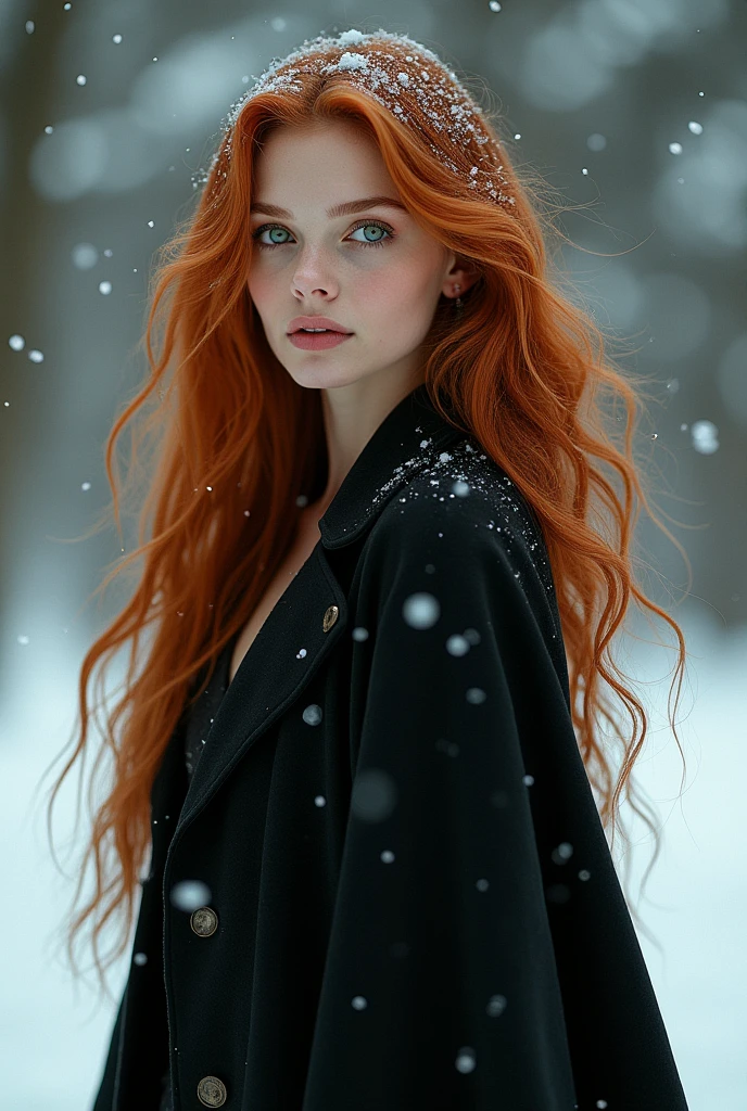 1 Sexy 2 woman with copper hair and emerald green mermaid eyes, with a black coat in the middle of the snow while snowflakes fall in her hair