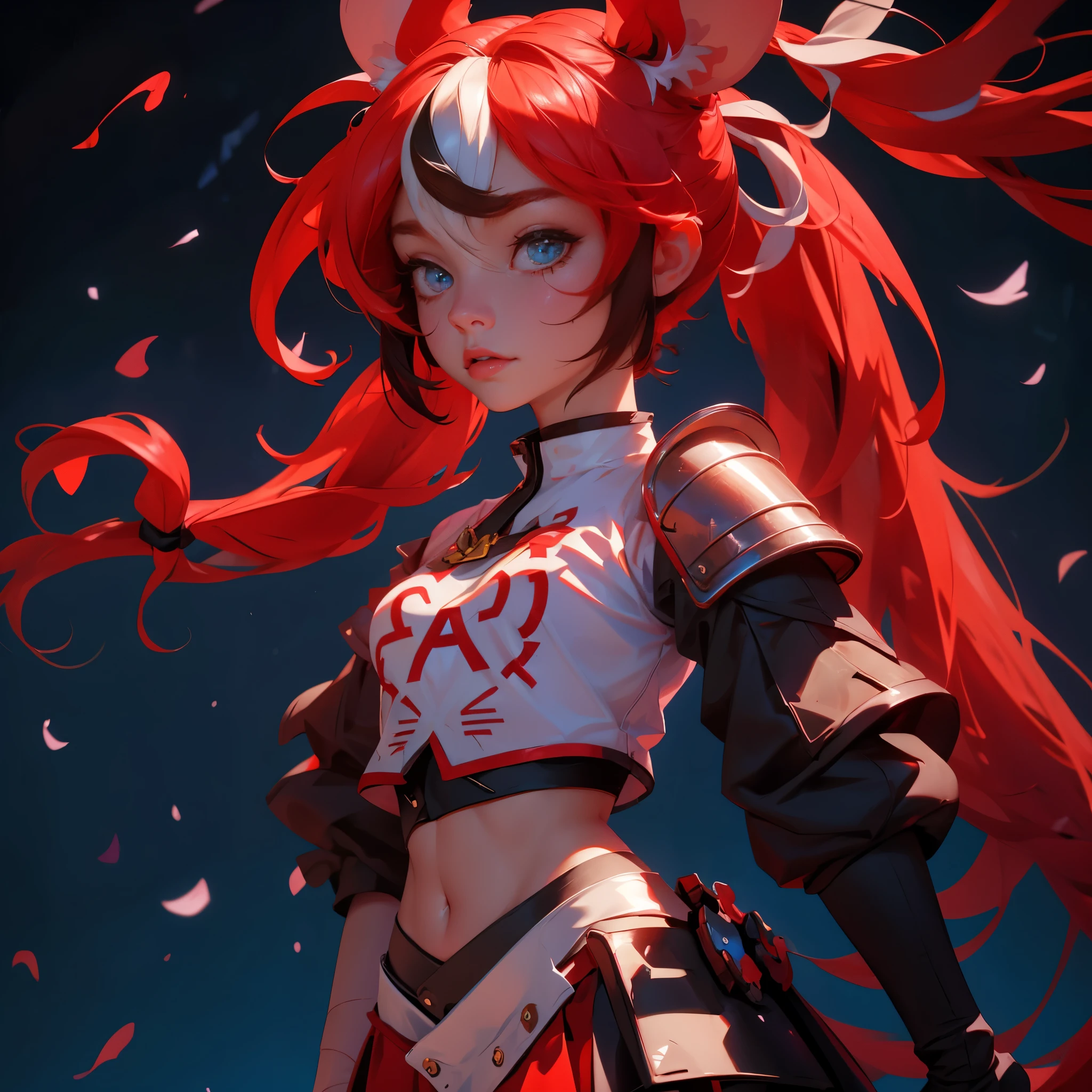 envision a 8k, highres, cinematic, close up beautiful portrait of an evil small Chaos girl named Hakos Baelz with long red and white hair in pigtails, mouse ears, blue eyes, in a cropped white shirt with armor, and red skirt against a dark gray background