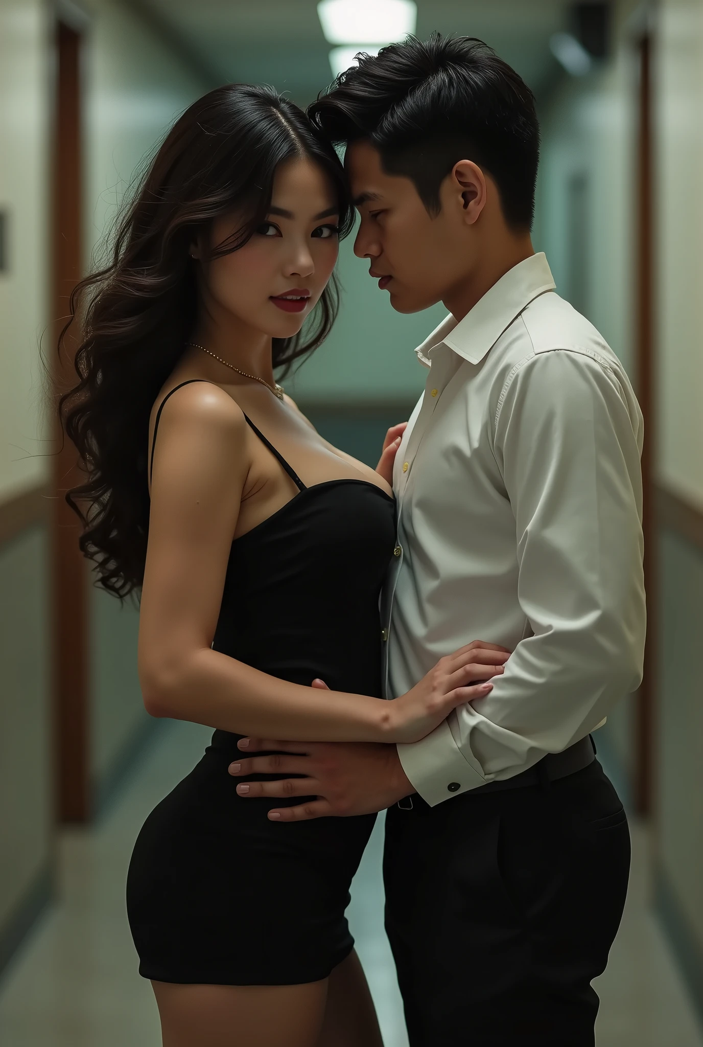 an asian milf with sexually attractive body wearing a low-cut short dress and young boy in school uniform standing next to her