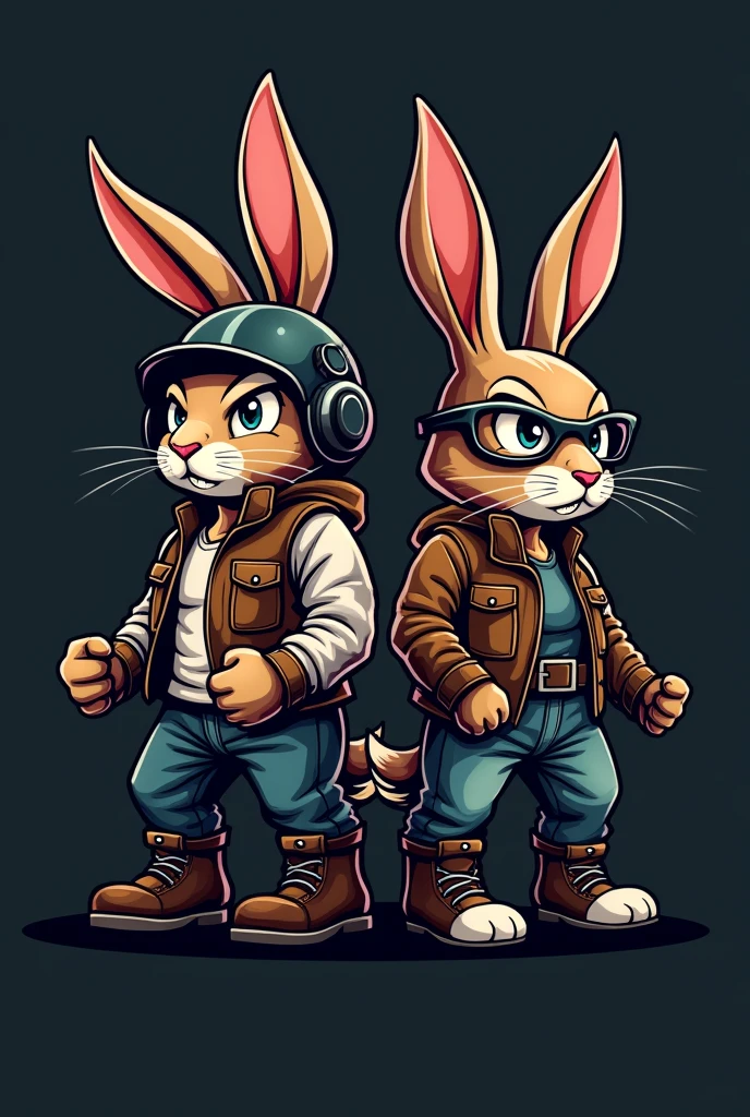 Create a logo with two biker rabbits, one of them with a helmet with his ears sticking out of the helmet and a vest, another that is female with glasses, vest and boots, that they look a little more aggressive