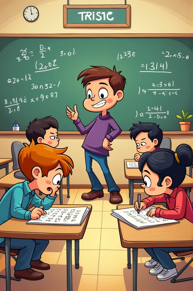 create a cartoon where there are students in a room doing a math test while the teacher watches them doing it laughing because, the test is very difficult