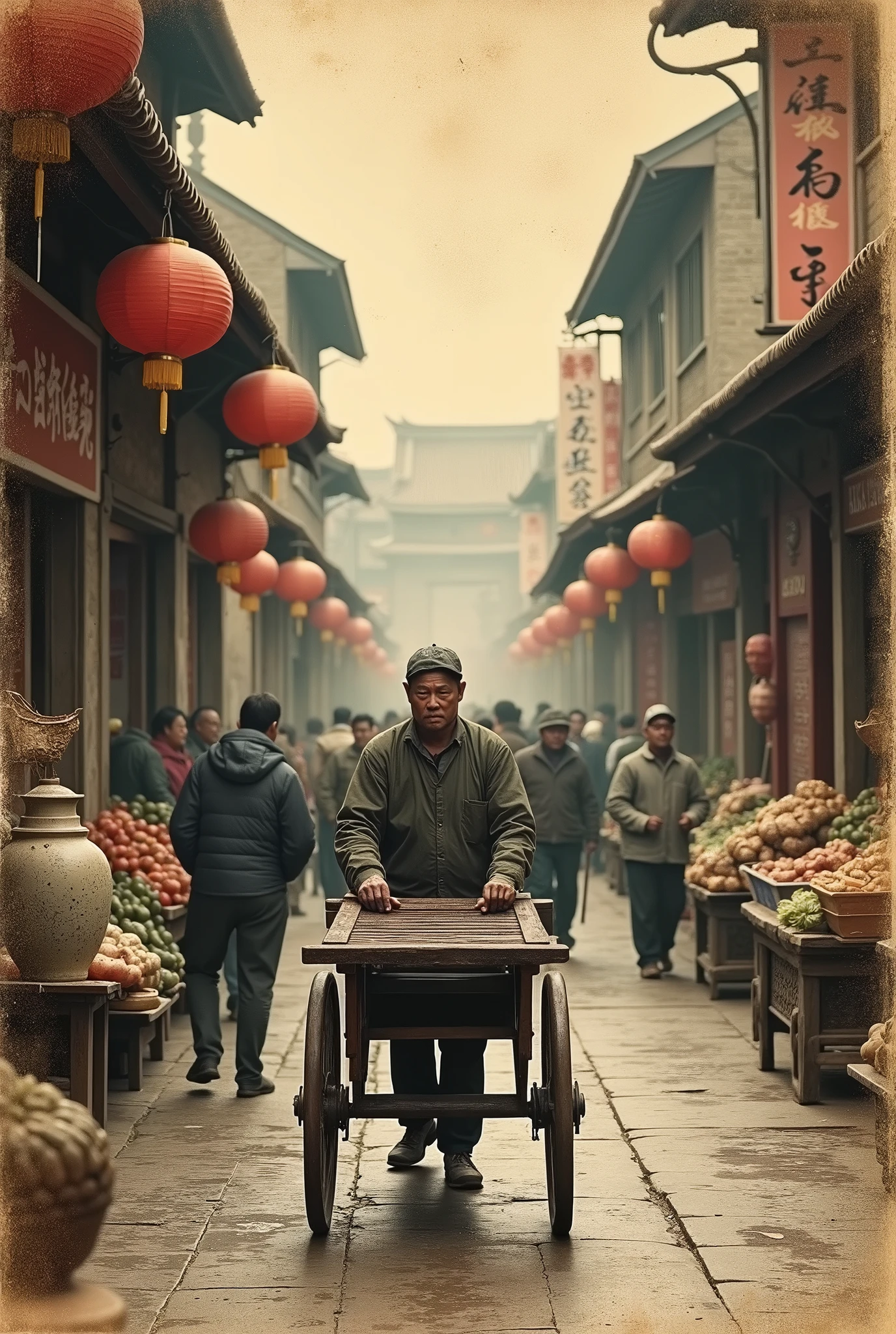 Photographie ancienne usée. Scène de vie.  Pousse-pousse dans une ville provincial Canton en Chine dans les années. Symbole de la pauvreté asiatique. Ruelle agités de beaucoup de passants. Grosse foule. Marchés. Stand. Marchand de vase Ming. Marchands de fruits et légumes. Écriture chinoise. Pancartes. Lanternes.