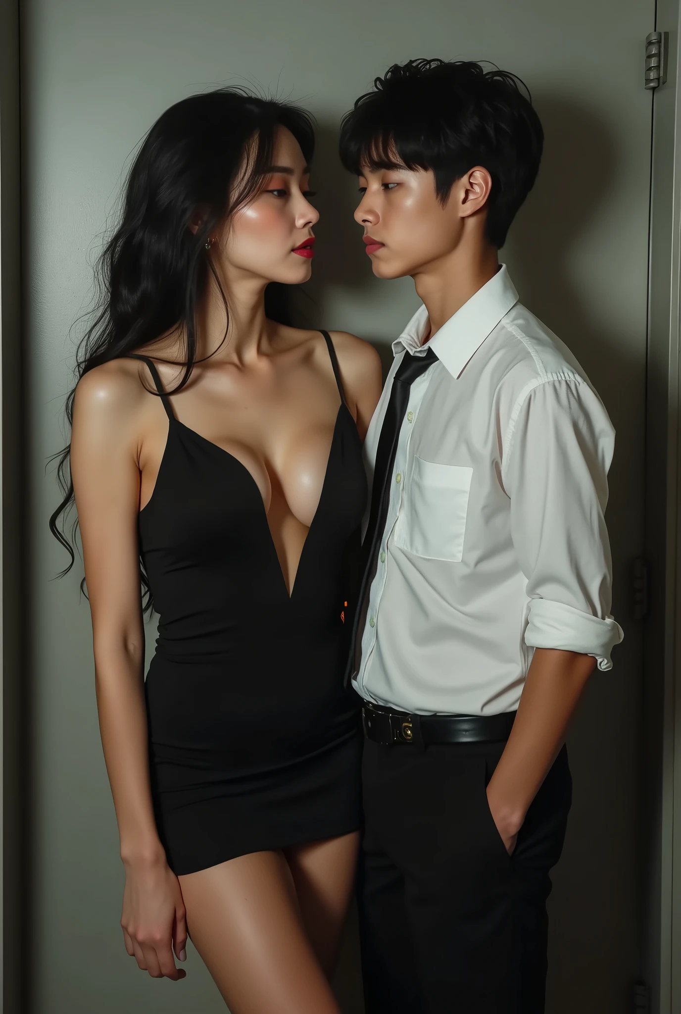 an asian milf with sexually attractive body wearing a low-cut short dress and young boy in school uniform standing next to her