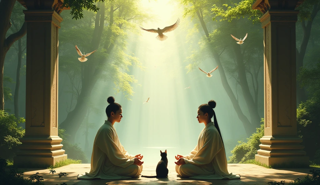 me realistic image of 2 asian meditating in an astral temple with forest and birds flying and cat beside