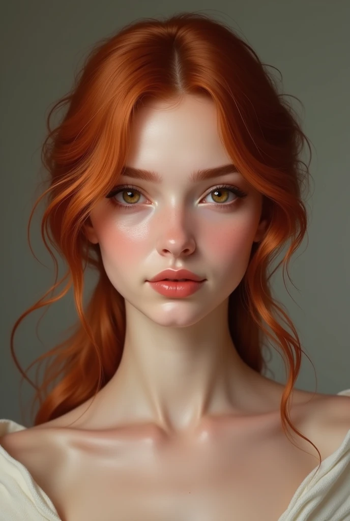 Create an image of a red-haired woman with neck-length hair, wavy and shiny. She must have slightly larger eyes than normal., expressive and brown in color. Your breasts are small in size. A woman should have a natural and elegant appearance