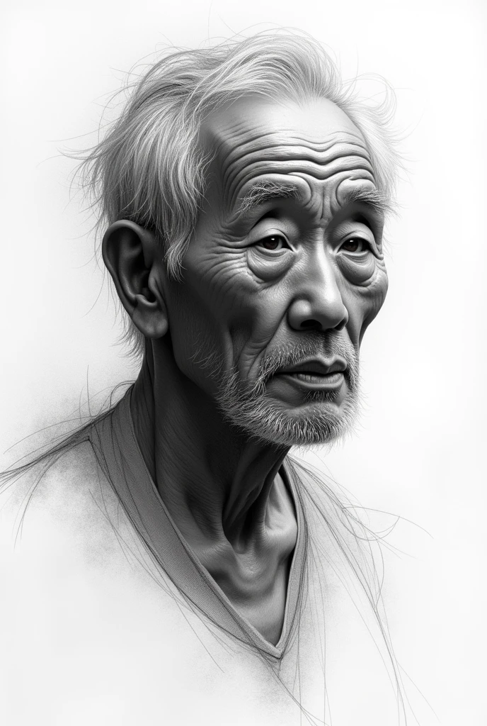 An Asian old man by Loish transforming from sketch to reality, half of his body made up from graphite sketch lines and cross hatches, the other half a photo, gradual change , photo, illustration