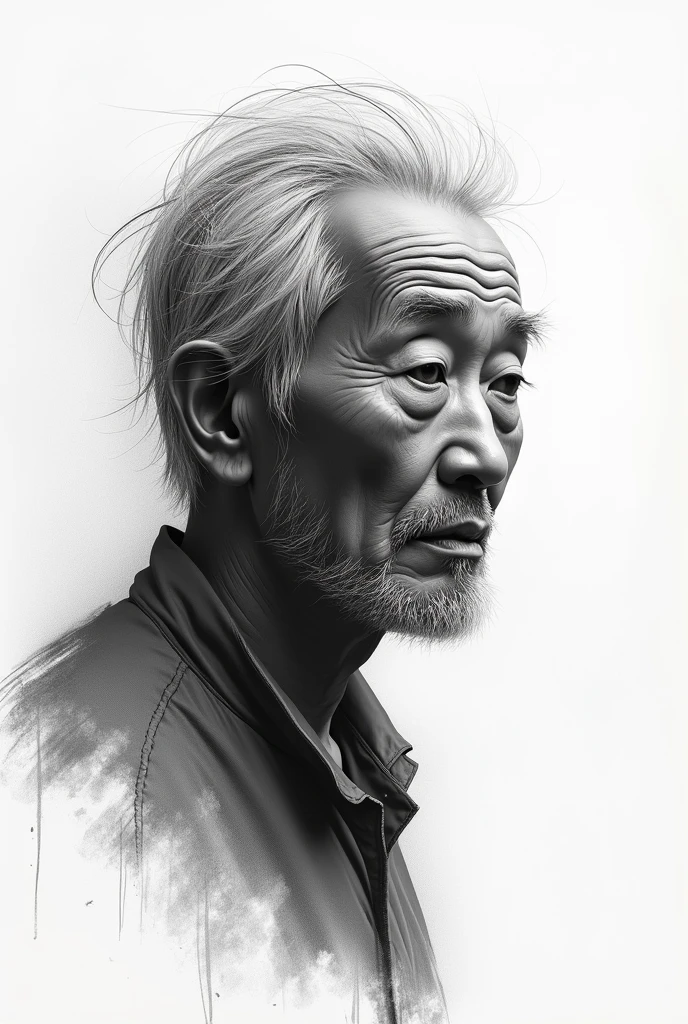 An Asian old man by Loish transforming from sketch to reality, half of his body made up from graphite sketch lines and cross hatches, the other half a photo, gradual change , photo, illustration