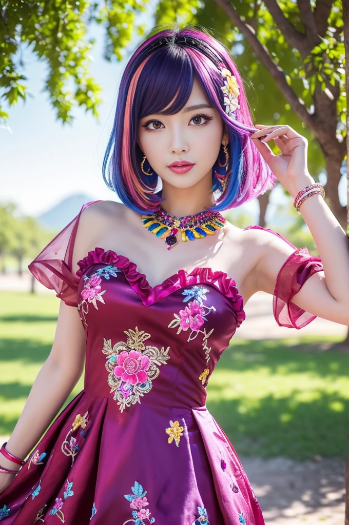 (masterpiece:1.4), (best quality:1.4), ultra high res, ultra high resolution, ((detailed facial features)), HDR, (realistic, photorealistic, photo-realistic:1.37), full body Esbian, sexy swedish model, (-anime), only 1 model, vivid colors, ((vivid colors multicolor (fuchsia, pink, light blue, purple) very short hair)), (seductive smile), lip-gloss, long lashes, defined eyebrows, wearing large sparkling colorful jewelery, wearing a red silk Paradise Kiss cosplay dress with black floral embroidery, ((vivid colors outfit)), vivid colors, look at the camera, cinematic light, large park background with trees, sweet and sexy pose