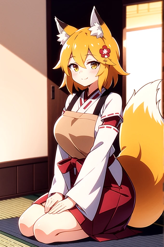 EBSenko, 1girl, solo, looking at viewer, blush, smile, short hair, closed mouth, :3, skirt, blonde hair, hair ornament, long sleeves, animal ears, hair between eyes, tail, yellow eyes, flower, japanese clothes, hair flower, wide sleeves, kimono, apron, animal ear fluff, fox ears, fox tail, red flower, fox girl, ribbon trim, hakama, hakama skirt, ribbon-trimmed sleeves, white kimono, miko, red hakama, fox shadow puppet, brown apron, double fox shadow puppet, indoors, japanese architecture, upper body, sitting, kneeling, huge breasts, 