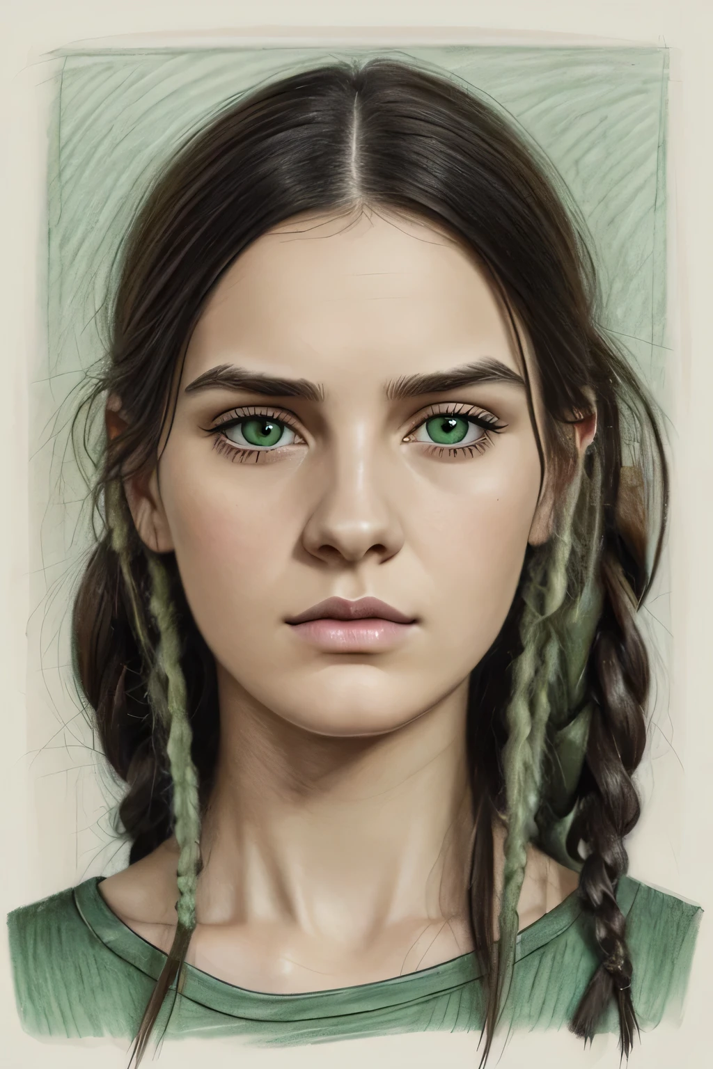 Susanna Majuri style drawing, book illustration, pencil sketch with elaborate details, portrait of a distressed young woman in her thirties, Russian appearance, light green close-set eyes, long natural dreadlocks, large elongated face, wide chin, rounded plump cheeks, short nose with a wide tip, thin lips, dramatic bright dark make-up, wide eyebrows