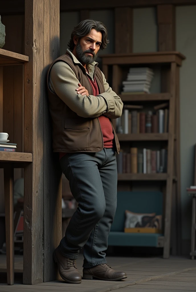 Diego leans on a shelf, thoughtful.
