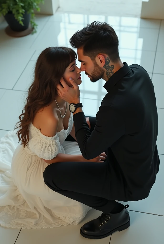 create images, angle shown from top to bottom, A woman young, 20 year, Kennedy Walsh, Caucasian skin, freckles, very long brown silky hair with curtain style bangs, wearing an ornate white dress, with long puffed sleeves, neckleace, fallen on the shoulders, staring overhead, in front of her there is a man, and you can see him wearing black pants with volume, black men&#39;s boots, holding her face, hand tattooed with an expensive watch. She&#39;s crouching in front of him, on a white tile floor. evening mood