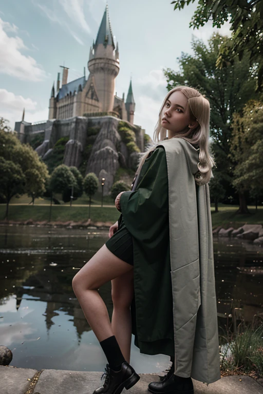 create an image of a pale but dark-skinned girl wearing a slytherin outfit. In front of Hogwarts castle