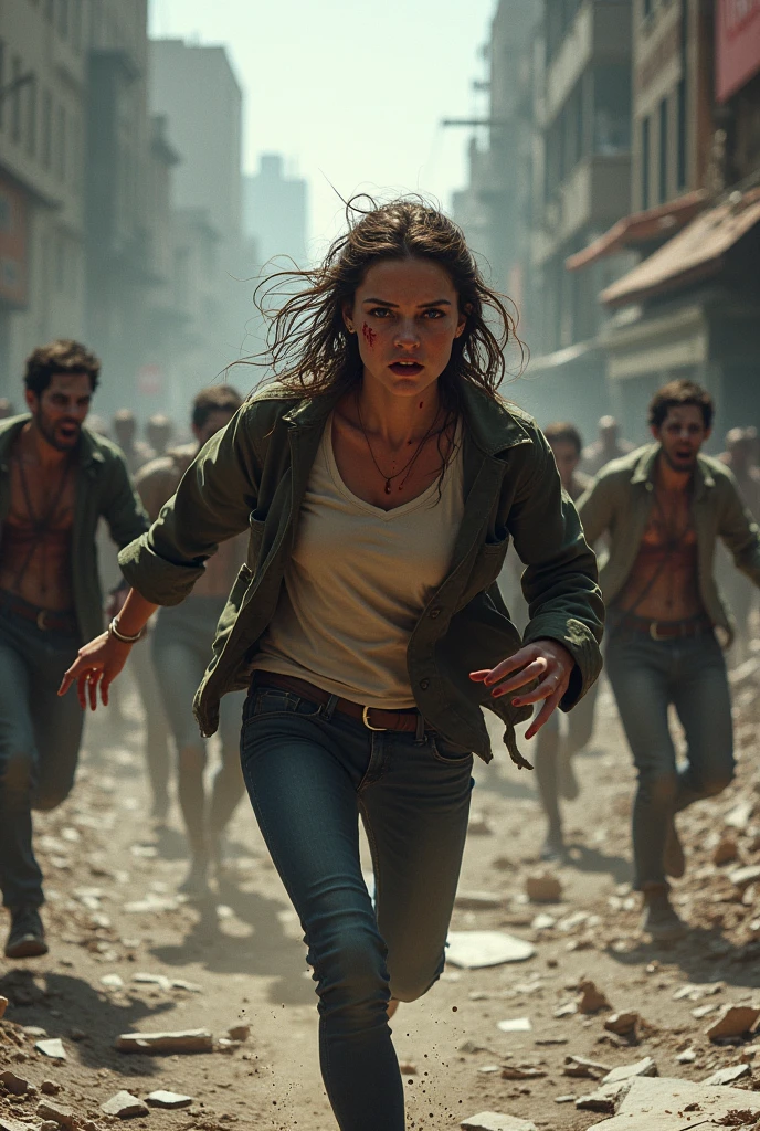 Woman running from zombies in a destroyed city
