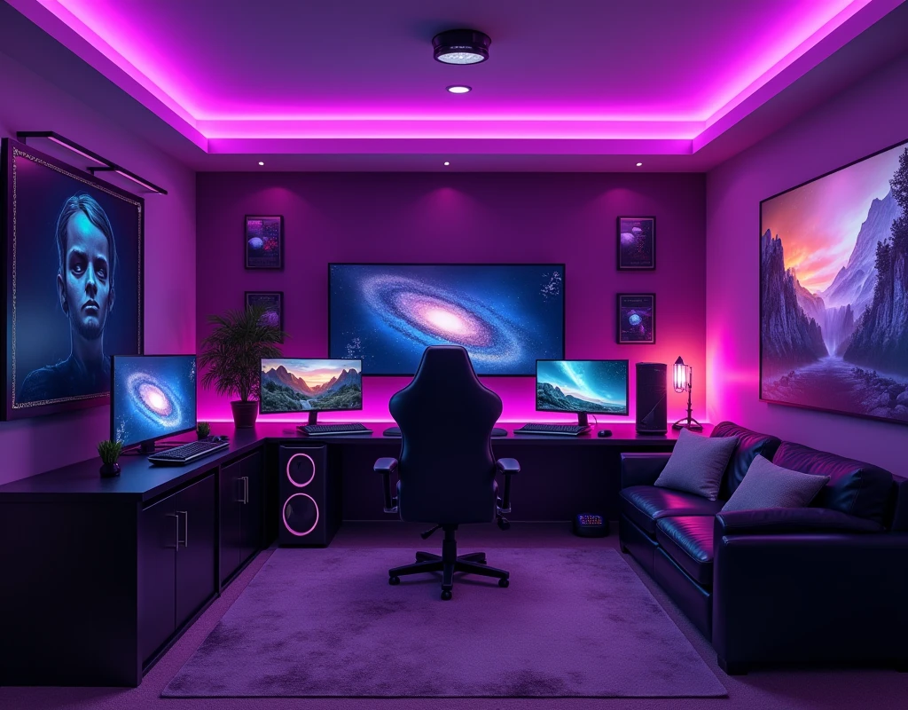 Create a gamer room with enough space with purple colors with high quality
