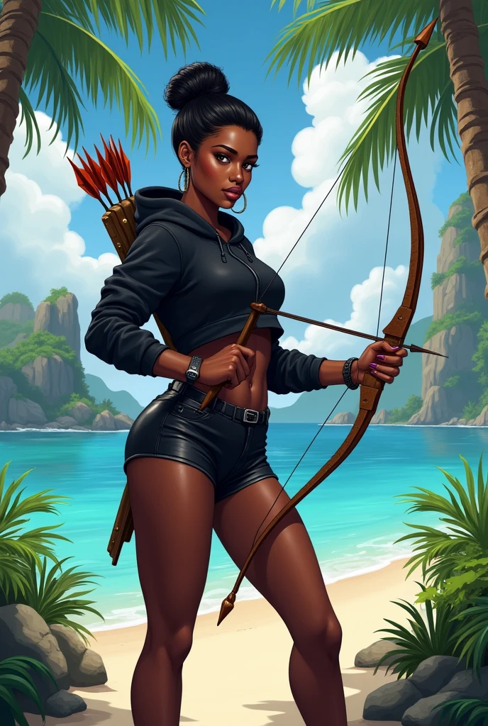 Black woman wearing leather short shorts and black hoodie hair in a bun setting on a tropical island holding a bow and arrow
