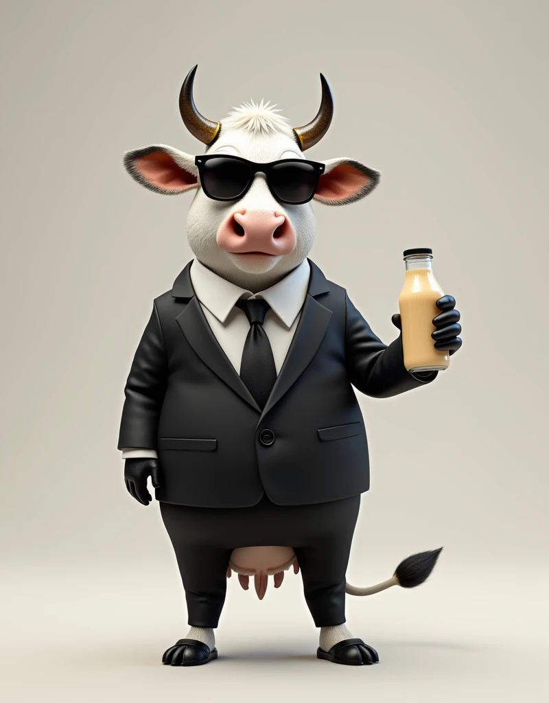 A white cow with black spots, Median, high, He is smiling, 2-legged stand, dressed in a black full-body suit with pants, with a white shirt and a black tie, has no udder, She doesn't have tits , with brown shoes, with black leather gloves, with black sunglasses, holding a bottle of yogurt in his right hand.