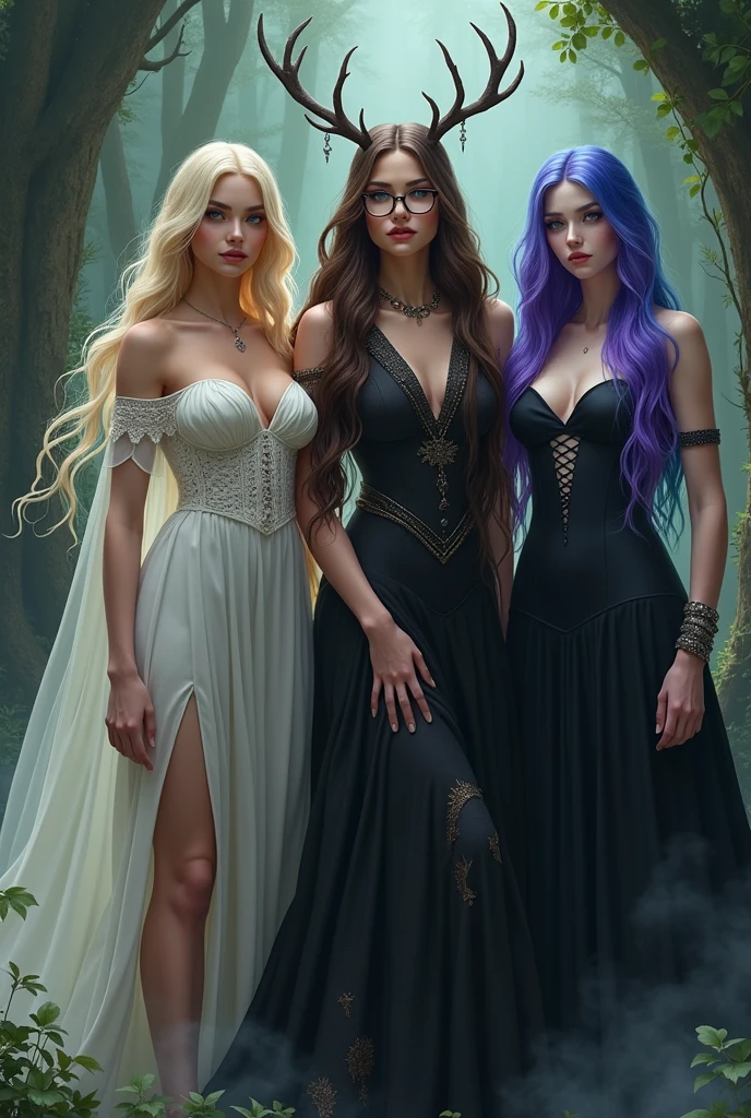 A coven of 4 witches: 
The first leader is a love witch, Very beautiful blonde with a doll face and a sexy slim complexion dressed in white. The second is a druid dressed in green., Brown hair, glasses and a deer antler headdress The third a chaos witch with purple hair and very elegant black princess-like clothes The fourth a shape-shifting witch with blue hair and tight clothing 