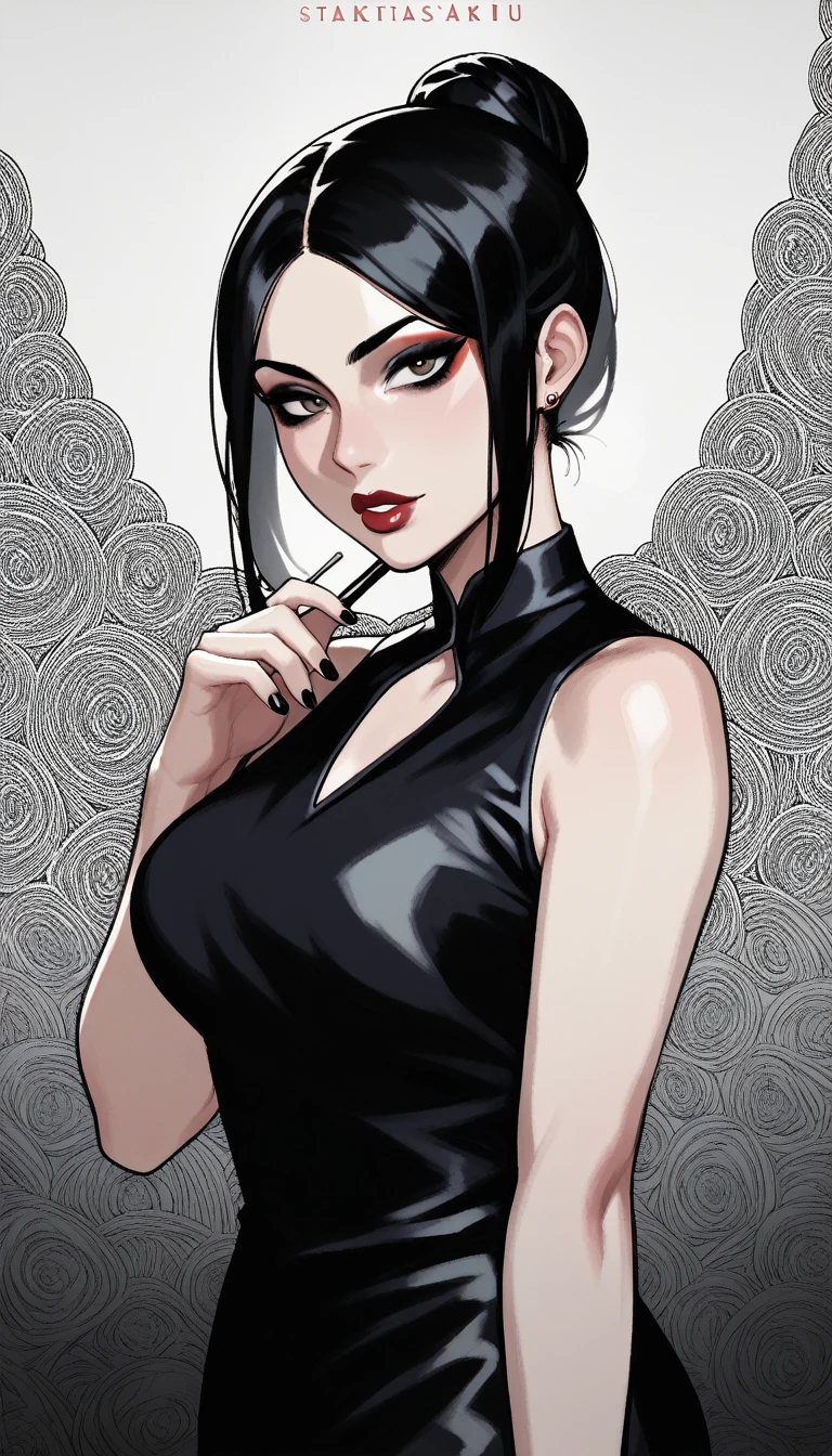 score_9, score_8_up, score_7_up, score_6_up, score_5_up, score_4_up, BREAK 1girl, intricate, Yakuza outfit , (eyeliner:1.2), looking at viewer, black hair, bun-cut, long hair, pale skin, jewelry, detailed background, breasts (masterpiece, high quality:1),