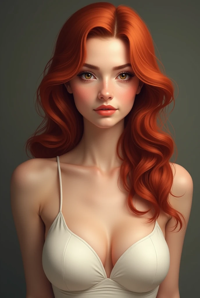 Create a full body image of a redheaded woman with neck length hair, wavy and shiny. She must have slightly larger eyes than normal., expressive and brown in color. Your breasts are small in size. A woman should have a natural and elegant appearance