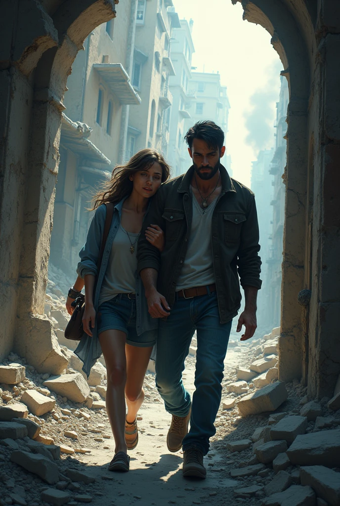 Woman and man taking refuge in a destroyed building in a city in chaos
