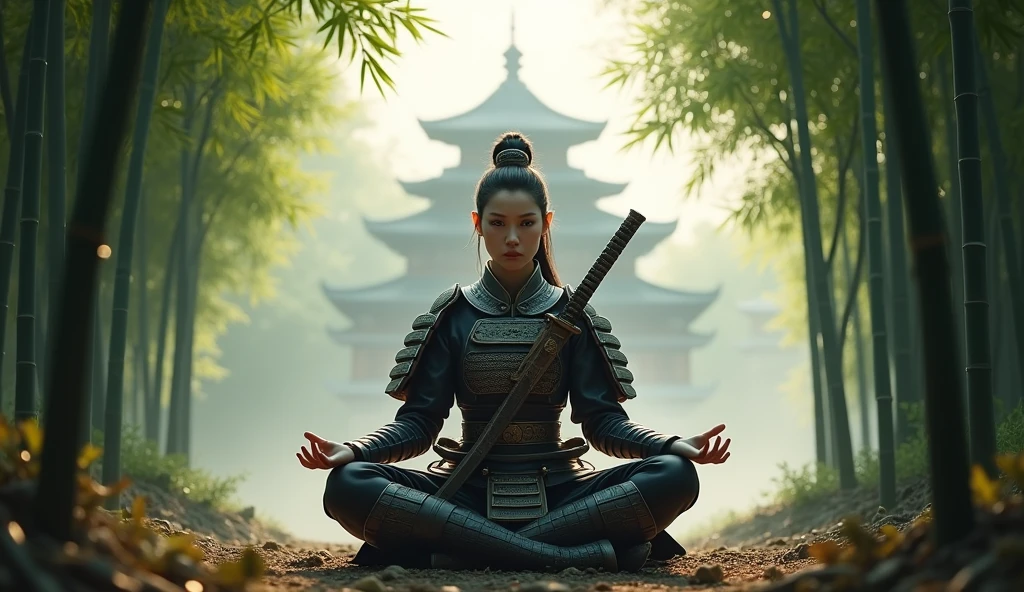 samurai woman, epic, heroine, realist, Meditating, temple in the background, bamboo forest