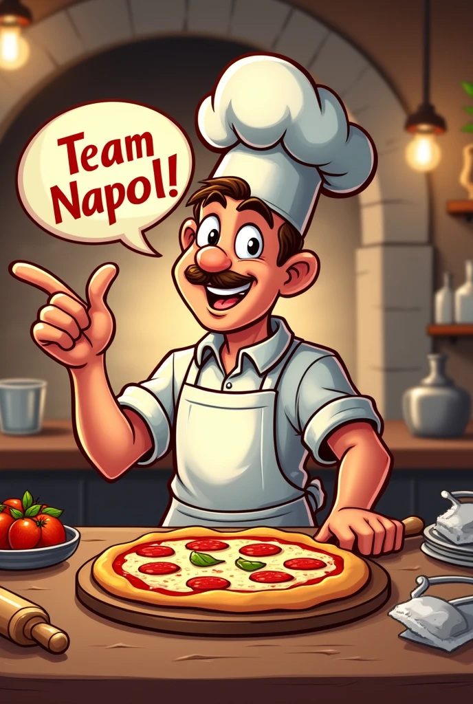 Cartoon of a pizza cook saying team napoli