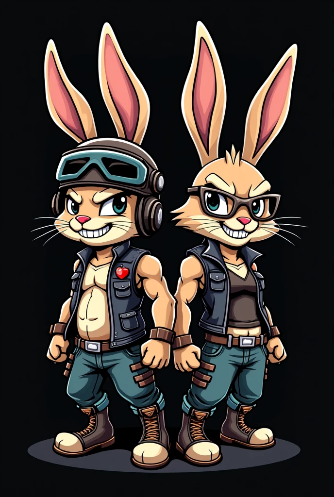 Create a logo with two biker rabbits, one of them with a helmet with his ears sticking out of the helmet and a vest, another that is female with glasses, vest and boots, that they look a little more aggressive