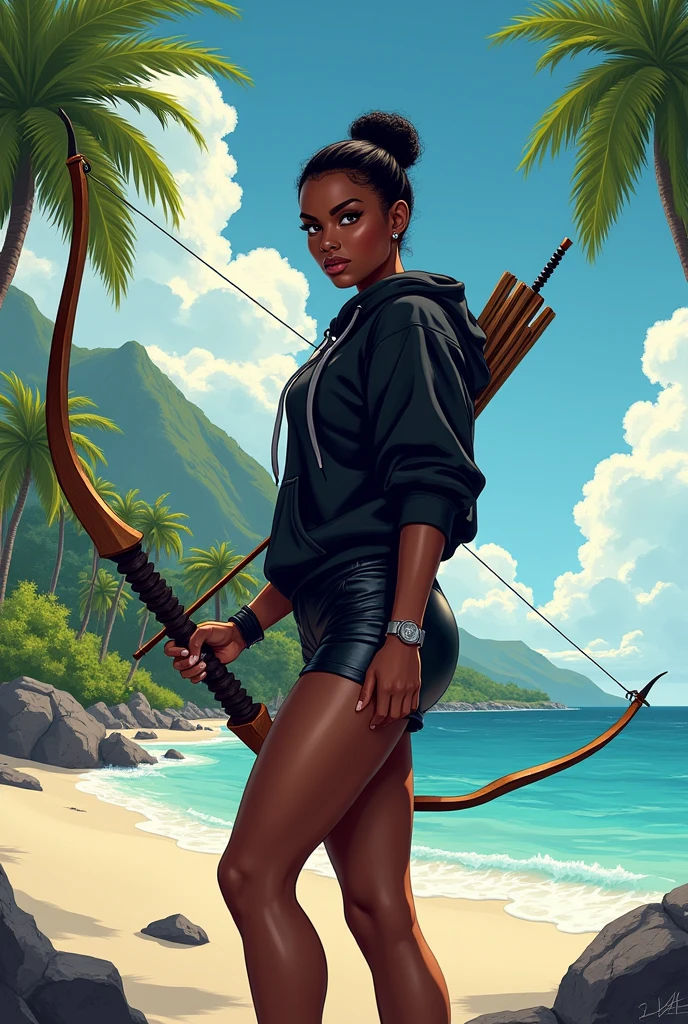 Black woman wearing leather short shorts and black hoodie hair in a bun setting on a tropical island holding a bow and arrow