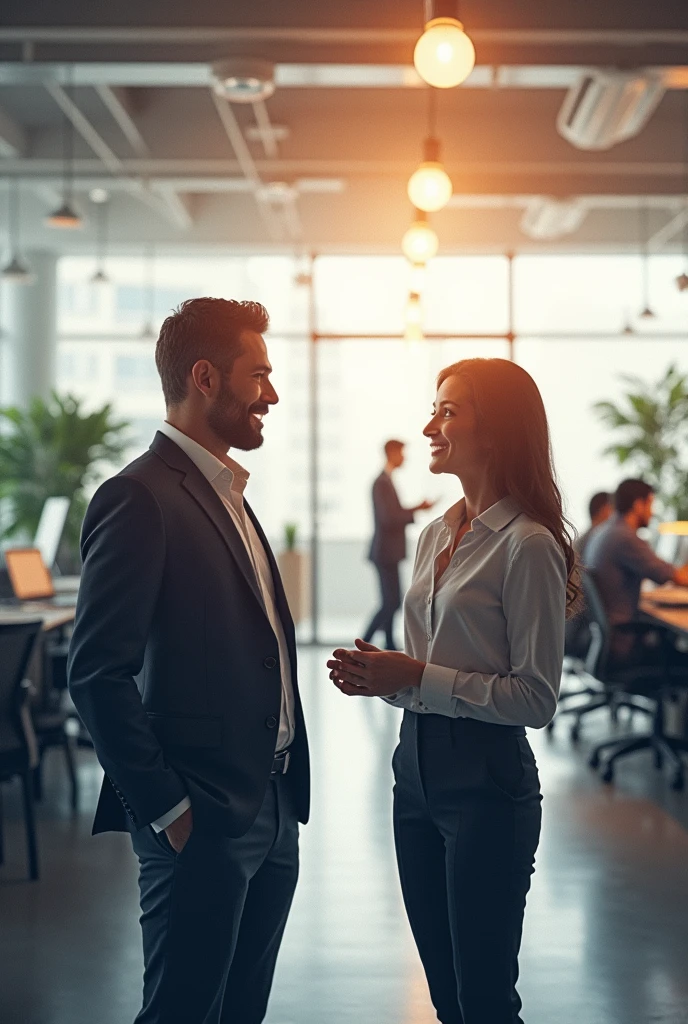 Make a cover of human communications with 2 people talking, A man and a woman in the background at work
