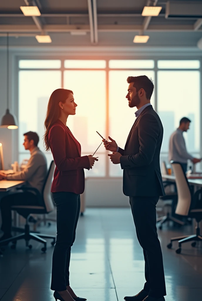 Make a cover of human communications with 2 people talking, A man and a woman in the background at work