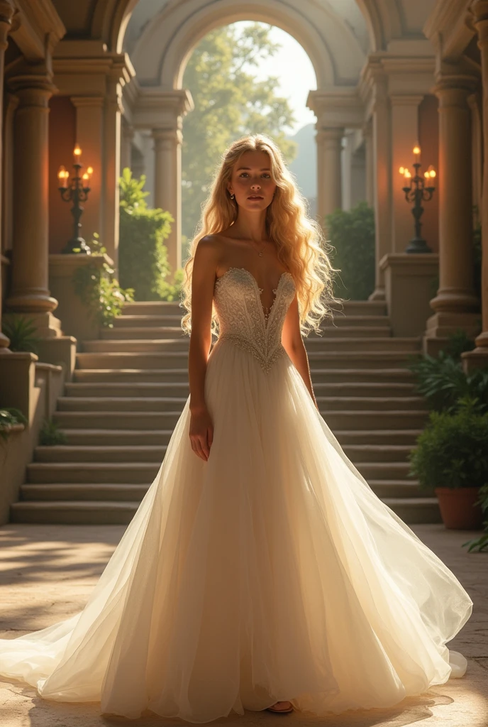 A dramatic shot of Princess Aurora, a radiant teenage blonde with porcelain skin and sparkling blue eyes, stands regally at the grand staircase's base, her intricate flowing white gown billowing like mist, surrounded by ornate stone columns and lush greenery in the majestic palace courtyard, warm golden light spilling from tall candelabras and torches.