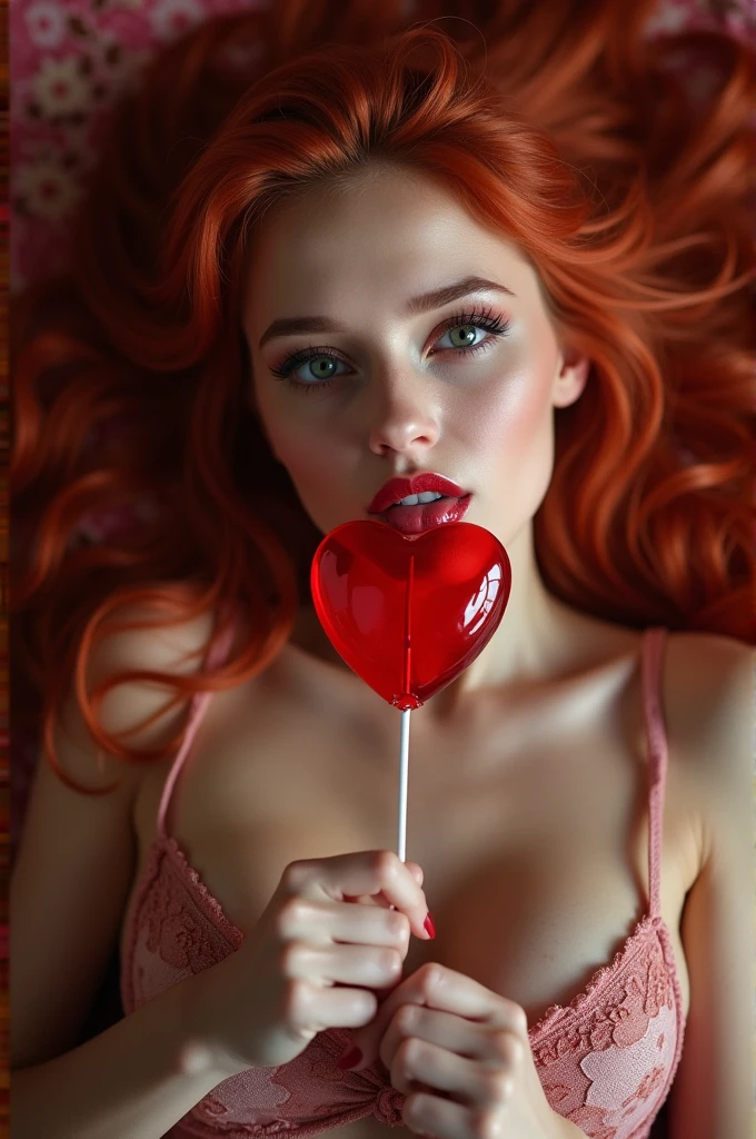 (full body shot:1) photorealistic image of a (lying pose:1) women, ultrarealistic, Photography, long red hair, women, 2, hourglass figure, perfect body, flirtatious look, natural medium breasts, blurred background, her wet tongue licking a red heart-shaped lollipop, A little saliva drips from his tongue, seductive look, long eyelashes, cat eye makeup