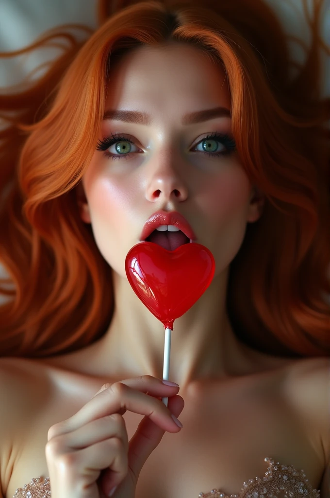(full body shot:1) photorealistic image of a (lying pose:1) women, ultrarealistic, Photography, long red hair, women, 2, hourglass figure, perfect body, flirtatious look, natural medium breasts, blurred background, her wet tongue licking a red heart-shaped lollipop, A little saliva drips from his tongue, seductive look, long eyelashes, cat eye makeup