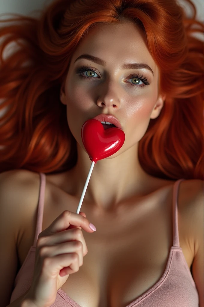 (full body shot:1) photorealistic image of a (lying pose:1) women, ultrarealistic, Photography, long red hair, women, 2, hourglass figure, perfect body, flirtatious look, natural medium breasts, blurred background, her wet tongue licking a red heart-shaped lollipop, A little saliva drips from his tongue, seductive look, long eyelashes, cat eye makeup