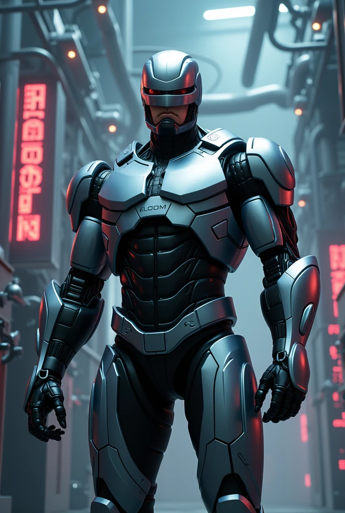 "Venom and Robocop are contained within a high-tech genetic research facility. The setting is dark and eerie, with dim lighting casting long shadows on the metallic surfaces. Venom, with his dark, muscular, and fluid-like form, is encased within a large glass cylinder on the left, tendrils of his symbiotic mass pressing against the transparent walls. On the right, Robocop, with his gleaming, silver metallic armor, stands motionless within a similar glass cylinder. Both cylinders are connected by complex wiring and machinery, with red and green lights blinking ominously. The background features advanced lab equipment, scientific monitors displaying data, and a faint mist that adds to the mysterious atmosphere."