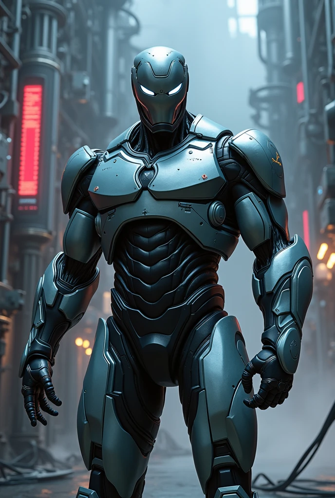 "Venom and Robocop are contained within a high-tech genetic research facility. The setting is dark and eerie, with dim lighting casting long shadows on the metallic surfaces. Venom, with his dark, muscular, and fluid-like form, is encased within a large glass cylinder on the left, tendrils of his symbiotic mass pressing against the transparent walls. On the right, Robocop, with his gleaming, silver metallic armor, stands motionless within a similar glass cylinder. Both cylinders are connected by complex wiring and machinery, with red and green lights blinking ominously. The background features advanced lab equipment, scientific monitors displaying data, and a faint mist that adds to the mysterious atmosphere."