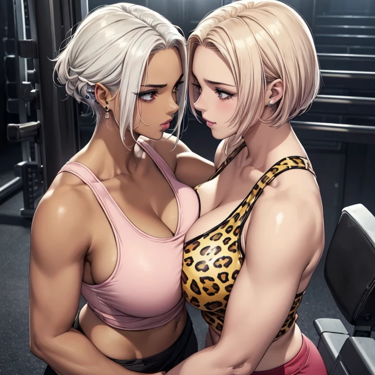 (Handsome female teacher.2.Well-proportioned face.Dark, tanned skin.Tall.Very muscular and slender body.Beautiful six pack abs.Big eyes.Pure white hair.Boyish short hair with a center part.I can see your forehead.Heavy eye makeup.Dark lipstick.Tight waist.Very large breasts.Very large breastsの谷間.Beautiful light pink areola.Glowing skin).(Leopard print tank top.Shorts.I have a lot of piercings.).(2 Beauty.Gym.Two people hugging each other.Kissing.Her cheeks are bright red.)Perfect Face.Accurate human body.Accurate 5 fingers.High resolution.It's dynamic.Only the upper body is visible