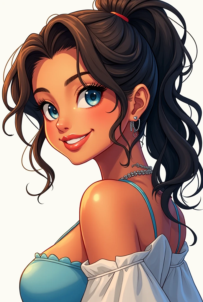 Style manga, a 3 white woman with a tanned complexion. round face,  dark brown wavy hair tied in a high unstructured ponytail. Lunette arrondie cuivre. blue eye, Full lips. Elle sourit et ses yeux pétillent. She is wearing a white and blue top. Nose piercing on the left.
Small earrings Silver chain necklace with a small heart