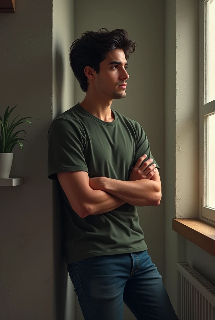 Diego leans on a shelf, Pensive is a young man