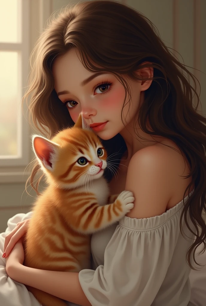 A short young woman with long wavy brown hair and brown eyes and pearly skin tone cuddling with a male tabby kitten with gray and brown stripes and an m on the kitten's forehead