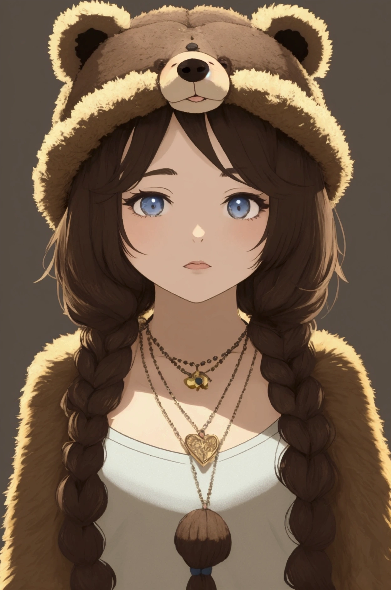 A bear girl, she wears a bear hat, she lives in a village, and has a bear necklace 