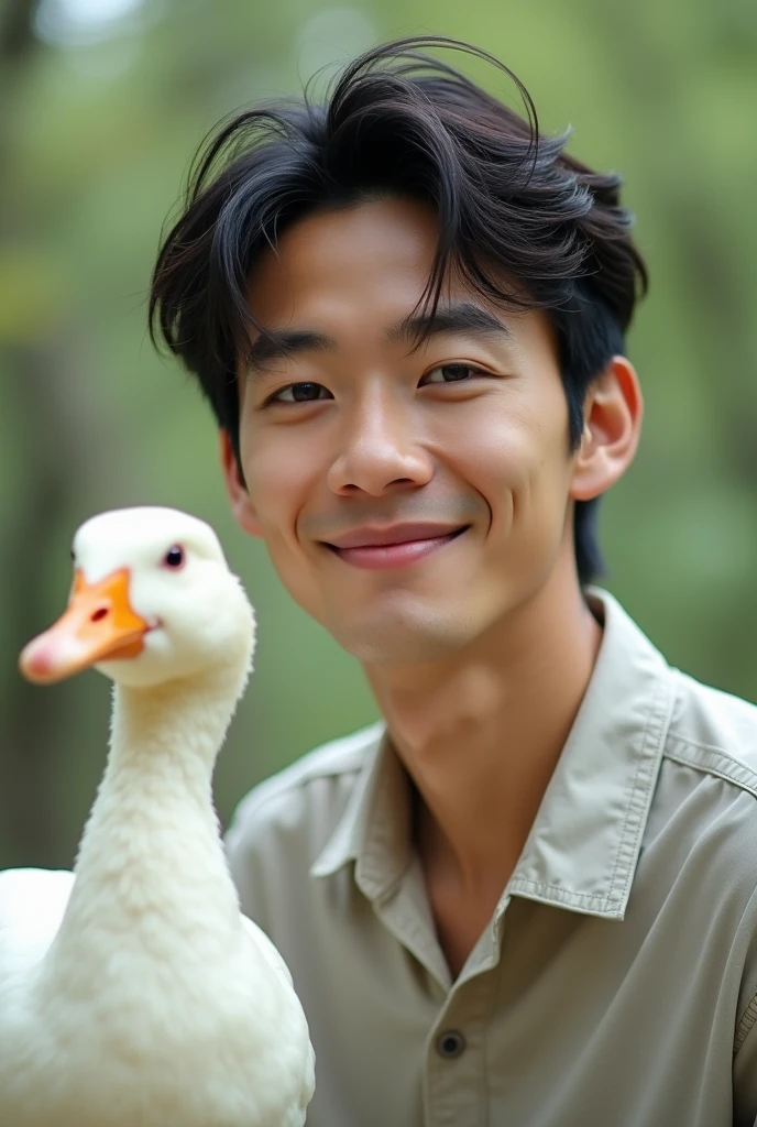 Create a profile picture for a youtube channel of a Japanese guy who has a pet white duck