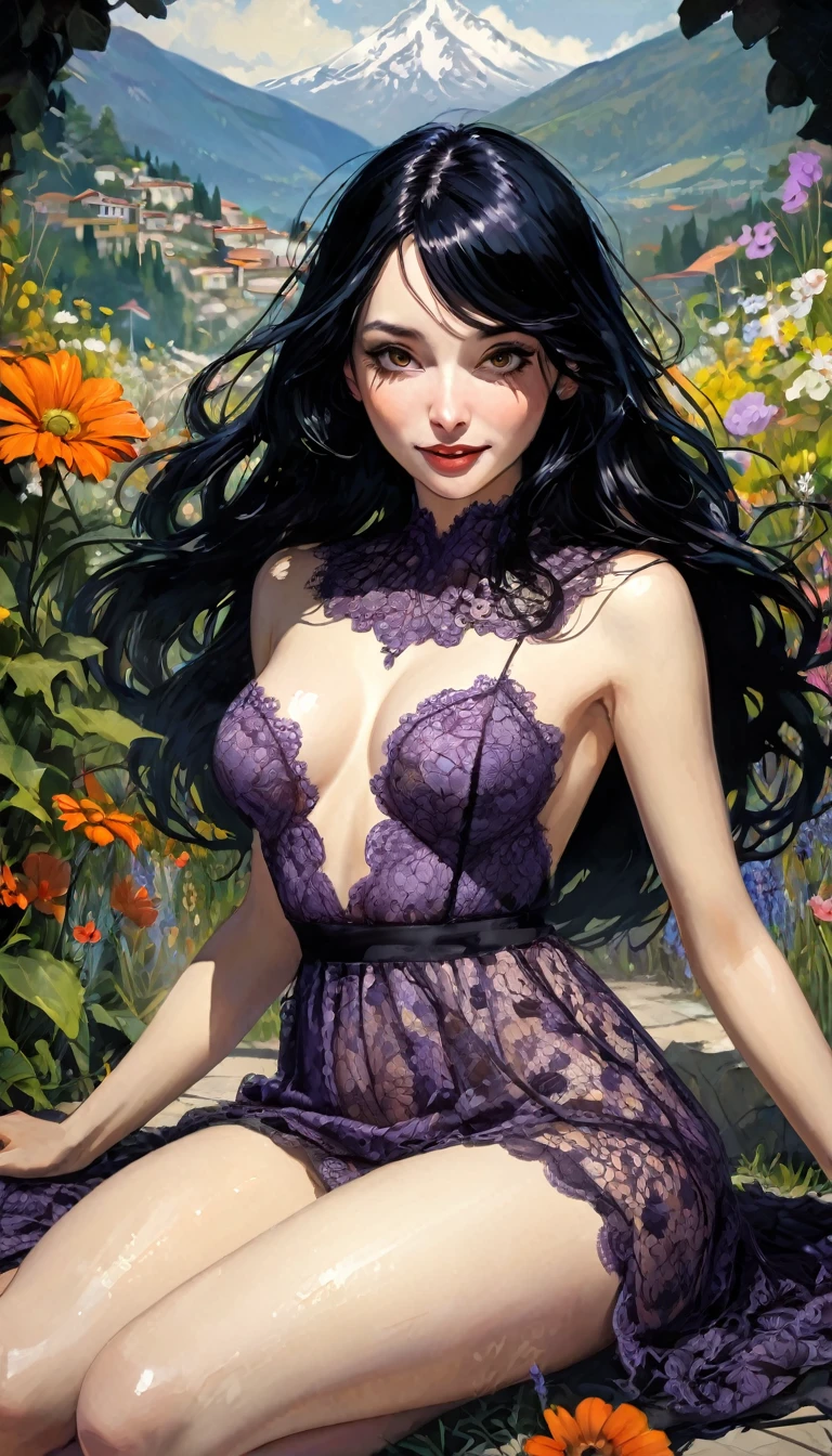1 sexy girl, long black hair, lavender, nude, open legs,pussy,spread her pussy,cum , medium breasts, lace dress, grabs her breasts with her hands, shows her breasts, smile, flower garden, full body, sitting, mountains in the distance, light particles , (depth of field, cinematic angle, cinematic lighting: 1.2), blurred background, blurred foreground, (masterpiece: 1.2), (best quality: 1.2), (very aesthetic: 1.2), (absurdity: 1.2), ( detailed background), newest and intricate details (best quality, 4k, 8k, high resolution, masterpiece: 1.2), ultra detailed, (realistic, photorealistic, photorealistic: 1.37), intricate details, vivid colors, sharp focus, professional, Dave McKean's artwork, surreal oil touch, oil painting style, portrait, woman, beautiful detailed eyes, beautiful detailed lips, dreamy atmosphere, shadow play, soft lighting, fun pose, tones Dark ethereal background, elements fantasy, texture, layered composition.{{{,nsfw,speech bubble,sexy nude, {{{,{pussy,spread her pussy,cum,cum on pussy,masterbation,straddling,y}}},cute,ultra detailed skin,sketch}}}, ,}}}, art inspired by Bill Sienkiewicz and Dave McKean