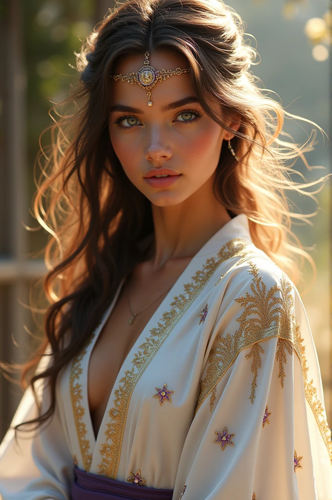 Her hair frames a very beautiful face., with delicate features that seem too perfect to exist in this world. Her eyes are also a striking sapphire blue., deep and full of feeling, reflects her lifelong experiences and emotions while her light brown skin makes her even more charming.
He wore a long-sleeved flowing robe of pure white silk that was intricately embroidered with golden patterns and glittered in the sunlight.. The robe was tied at the waist with a fine dark purple sash., highlighting her slim body shape. The fabric of her sleeves fluttered gently in the wind., adds a subtle light effect.
On his forehead there is a fine circle, a slender band of golden silver adorned with small, sparkling amethyst gemstones that reflected light with every movement and around her upper arm, he wears a bracelet, each is a shiny gold band adorned with a star-shaped amethyst embedded in it.. The bracelet sparkled in the sunlight., highlighting his majestic attitude.
male