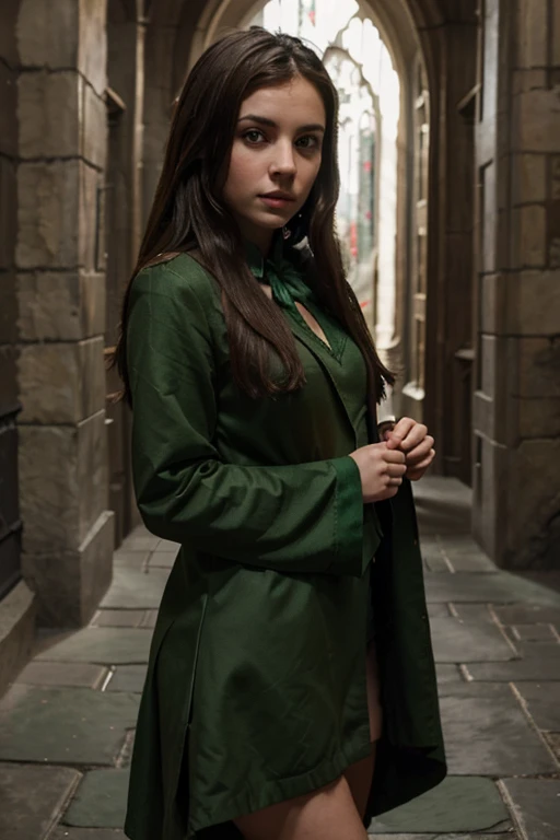 create an image of a brunette girl wearing a slytherin outfit. In front of Hogwarts castle