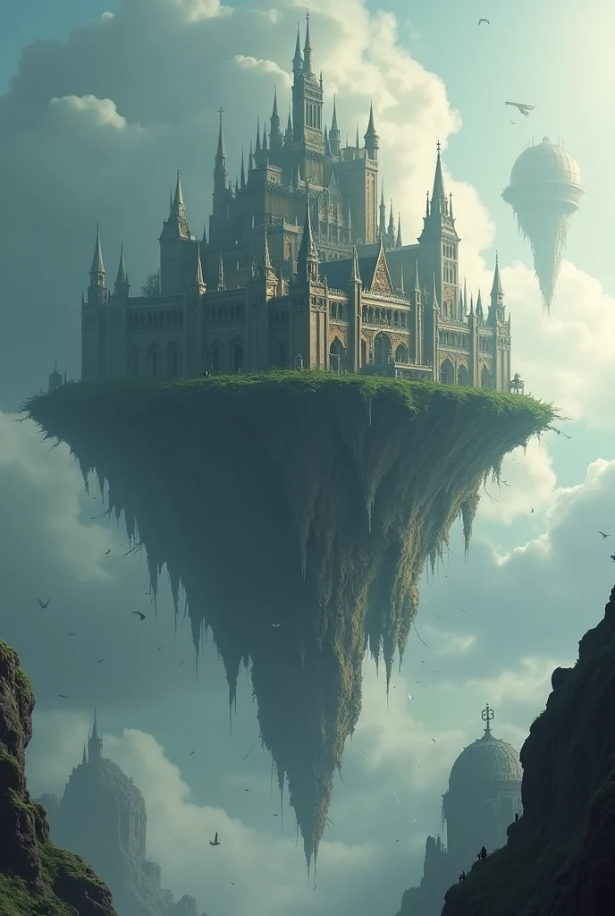 a medieval metropolis collapsing on a flying island amidst the clouds, in free fall and being destroyed