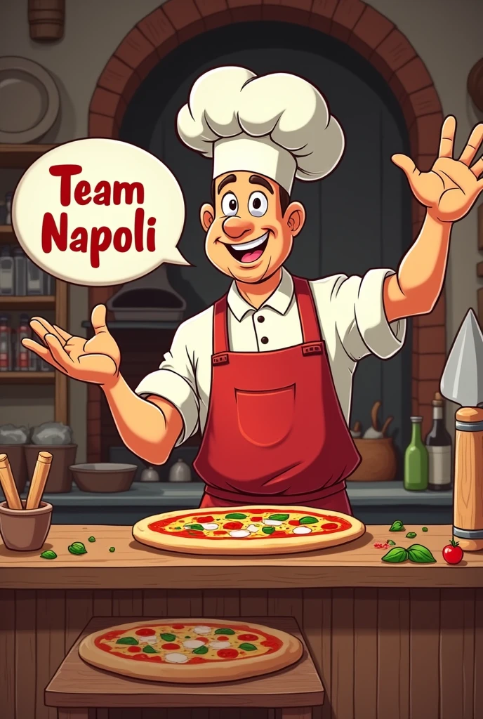 Cartoon of a pizza cook saying team napoli